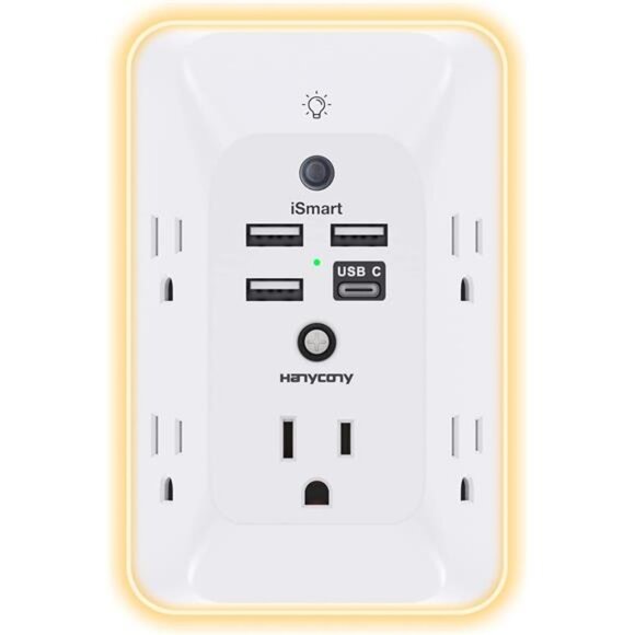 Outlet Extender with Night Light, Multi Plug Outlet, USB Wall Charger Surge - Picture 1 of 7